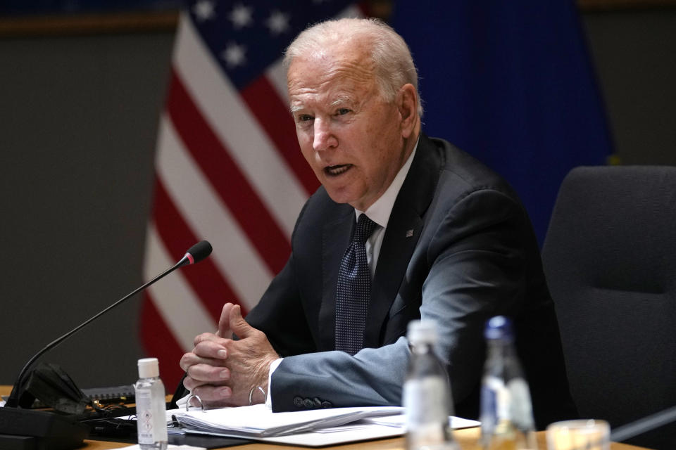 U.S. President Joe Biden speaks during the EU-US summit at the European Council building in Brussels, Tuesday, June 15, 2021. (AP Photo/Francisco Seco)