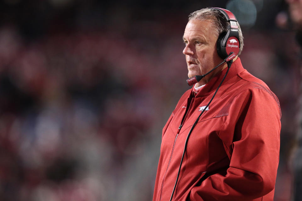 Nov 19, 2022; Fayetteville, Arkansas, USA; Arkansas Razorbacks head coach Sam Pittman during the second half against the Ole Miss Rebels at Donald W. Reynolds Razorback Stadium. Arkansas won 42-27. Mandatory Credit: Nelson Chenault-USA TODAY Sports