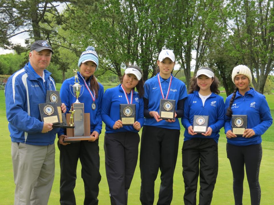 Holy Angels wins the Bergen County Girls Golf Championship at Overpeck GC in Teaneck on Wednesday, May 3, 2023: From left: coach Pat Dunne, individual titlist Angelina Kim, runner-up Inha Jun, Amelia Shen, Olivia Lee, and Sharanya Agarwal.