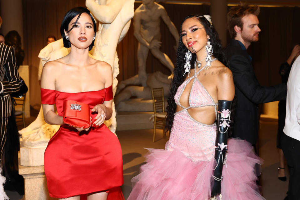 Kelsey Asbille Chow (L) and Quannah Chasinghorse attend The 2023 Met Gala Celebrating "Karl Lagerfeld: A Line Of Beauty" at The Metropolitan Museum of Art