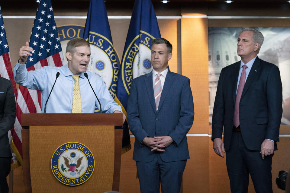 Rep. Jim Jordan, R-Ohio, speaks during a news conference as Rep. Jim Banks, R-Ind., and House Minority Leader Kevin McCarthy, R-Calif., looks on at Capitol Hill, in Washington, Wednesday, July 21, 2021. Pelosi is rejecting two Republicans tapped by House GOP Leader Kevin McCarthy to sit on a committee investigating the Jan. 6 Capitol insurrection. She cited the "integrity" of the investigation. (AP Photo/Jose Luis Magana)