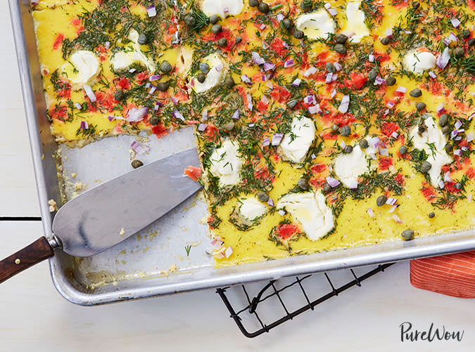 Sheet Pan Eggs with Smoked Salmon, Cream Cheese and Dill