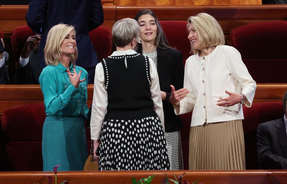 Leaders greet each other prior to Sunday morning session of the193rd Semiannual General Conference of The Church of Jesus Christ of Latter-day Saints at the Conference Center in Salt Lake City on Sunday, Oct. 1, 2023. | Jeffrey D. Allred, Deseret News