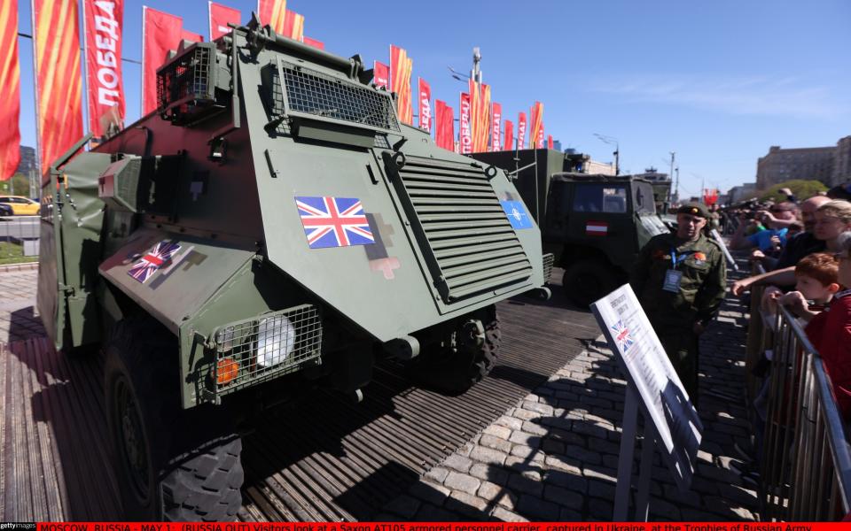 A Saxon AT105 armoured personnel carrier donated to Kyiv's cause from Britain formed part of the display
