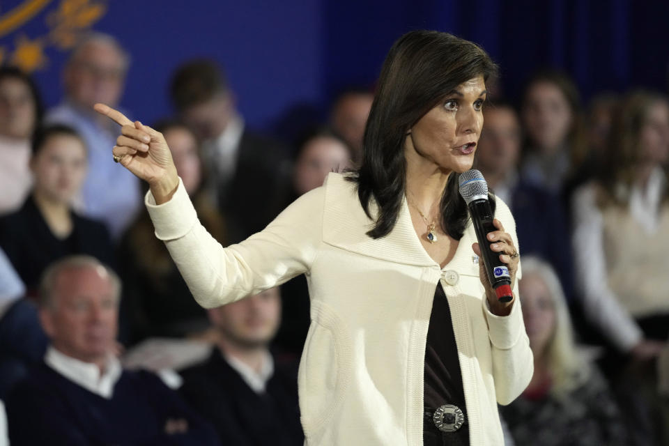 FILE - Republican presidential candidate Nikki Haley speaks at a town hall campaign event, Tuesday, Jan. 2, 2024, in Rye, N.H. On Friday, Jan. 5, The Associated Press reported on stories circulating online incorrectly claiming Haley is ineligible to be president because her parents were not U.S. citizens at the time of her birth. (AP Photo/Robert F. Bukaty, File)