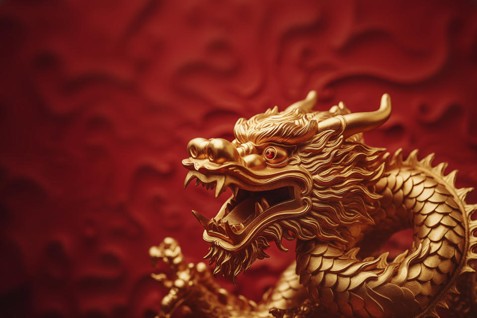 Chinese golden Dragon on red background, Chinese new year 2024