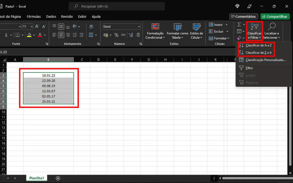 Veja como classificar datas no Excel por dia mês e ano (Captura de tela: Matheus Bigogno)