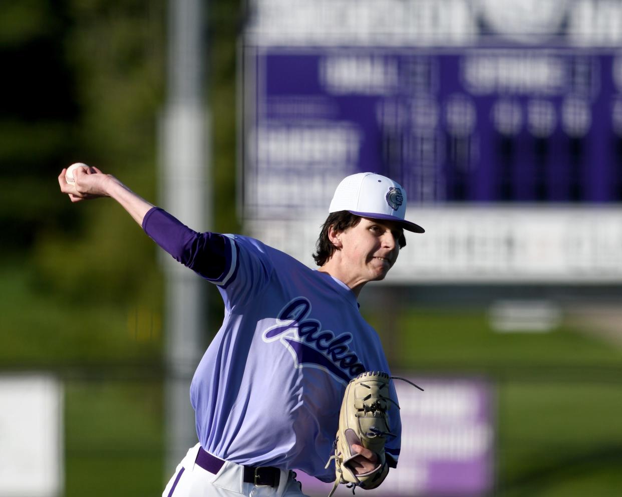 Jackson's Jeffrey Oister comes in to pitch in the 3rd inning of Hoban at Jackson baseball. Thursday, April 18, 2024.