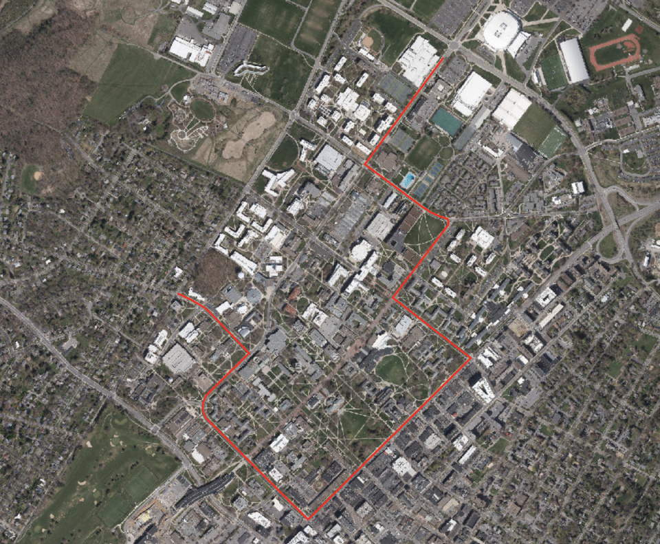 The Penn State Homecoming parade route is shown in red on this map.