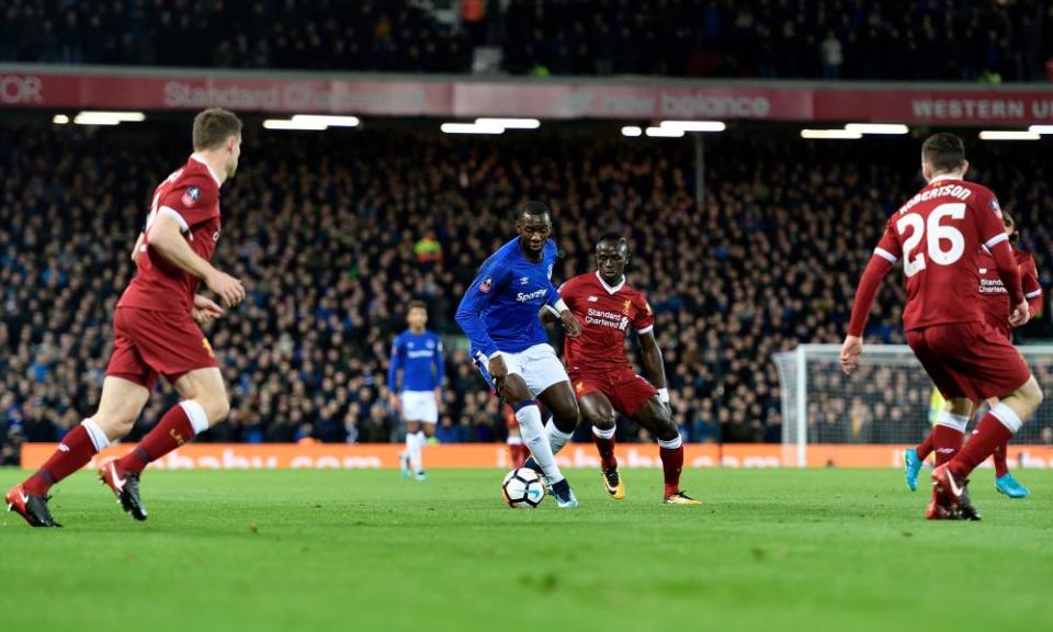 Liverpool players keep a close eye on Everton’s Yannick Bolasie during the FA Cup clash at Anfield in January.