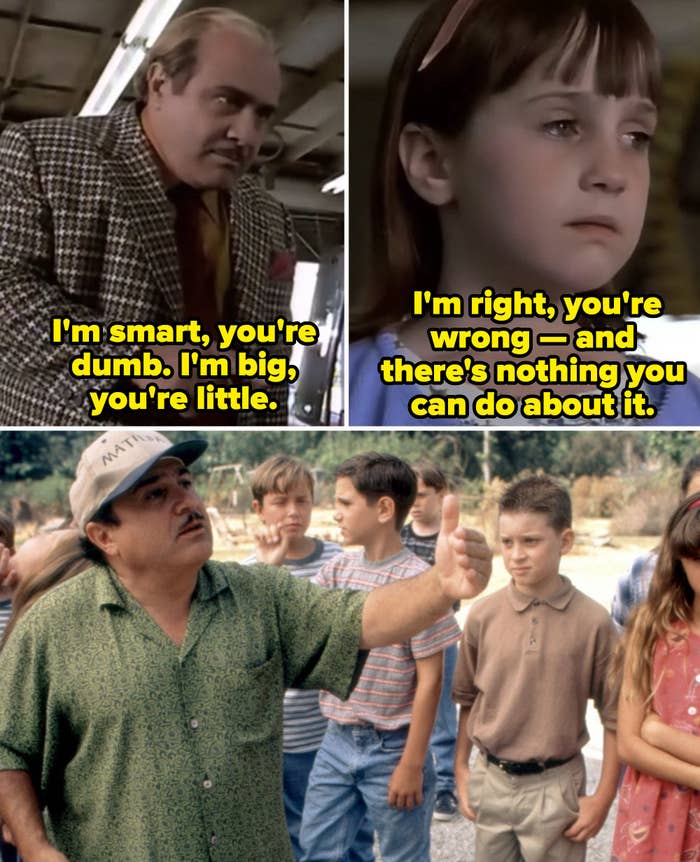 Harry Wormwood telling Matilda: "I'm smart, you're dumb. I'm right, you're wrong;" Danny DeVito directing children for "Matilda"