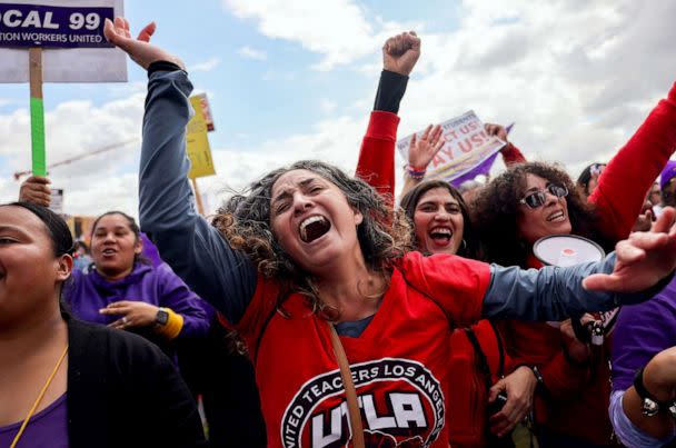 PHOTO: Los Angeles Unified School District (LAUSD) workers and supporters rally in Los Angeles State Historic Park on the last day of a strike over a new contract, March 23, 2023, in Los Angeles. (Mario Tama/Getty Images)