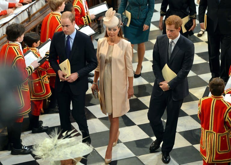Prince William, his wife Catherine and Prince Harry (R) leave Westminster Abbey in London, on June 4, 2013. There is a right royal choice of wagers ranging from the royal's sex, weight and hair colour