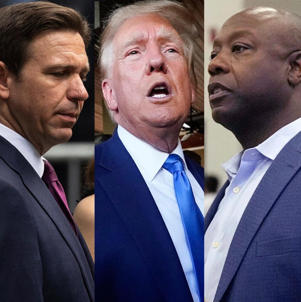 From left: Florida Gov. Ron DeSantis, former President Donald Trump and South Carolina Sen. Tim Scott