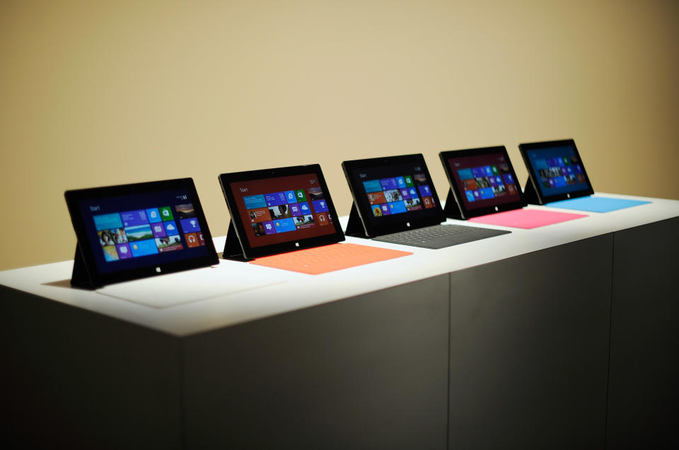 LOS ANGELES, CA - JUNE 18: The Microsoft tablet Surface is unveiled during a news conference at Milk Studios on June 18, 2012 in Los Angeles, California. The new Surface tablet utilizes a 10.6 inch screen with a cover that contains a full multitouch keyboard. (Photo by Kevork Djansezian/Getty Images)