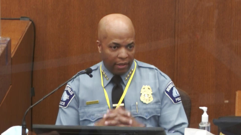 In this image from video, witness Minneapolis Police Chief Medaria Arradondo testifies as Hennepin County Judge Peter Cahill presides Monday, April 5, 2021, in the trial of former Minneapolis police Officer Derek Chauvin at the Hennepin County Courthouse in Minneapolis. Chauvin is charged in the May 25, 2020 death of George Floyd. (Court TV via AP, Pool)