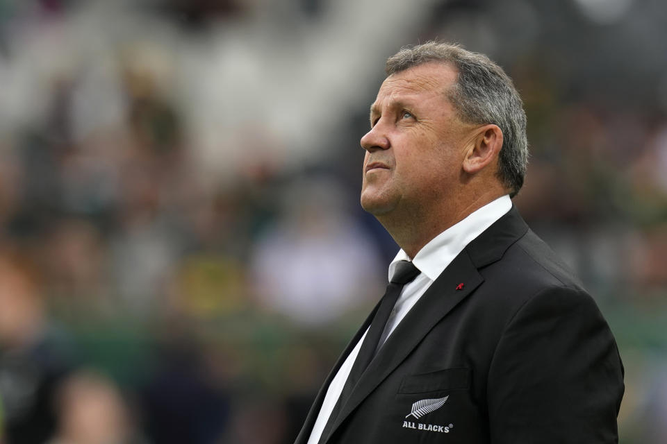 New Zealand's head coach Ian Foster, during the Rugby Championship test between South Africa and New Zealand at Mbombela Stadium in Mbombela, South Africa, Saturday, Aug. 6, 2022. (AP Photo/Themba Hadebe)