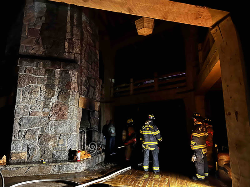 Fire officials survey the damage to Timberline Lodge after a fire broke out Thursday. (Clackamas Fire)