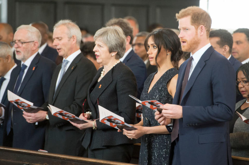 Then-Labour Leader Jeremy Corbyn (L) Prime Minister Theresa May (C), Prince Harry (R) and Meghan Markle (2nd,R) attend a memorial service at St Martin-in-the-Fields in Trafalgar Square to commemorate the 25th anniversary of the murder of Stephen Lawrence on April 23, 2018, in London, England.<span class="copyright">David Parker-WPA Pool—Getty Images</span>