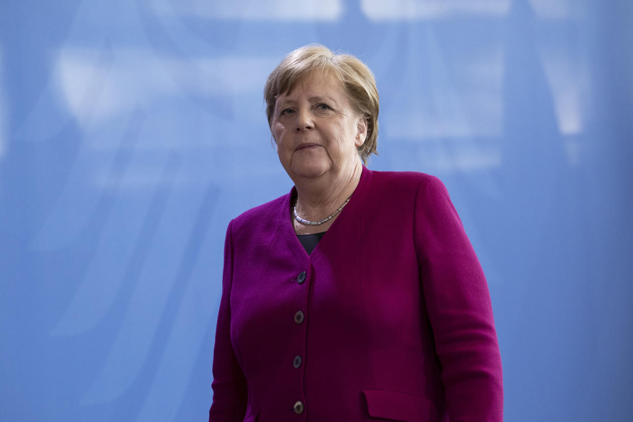 BERLIN, GERMANY - APRIL 23: German Chancellor Angela Merkel leaves after the press conference following a video conference with the European Council during the coronavirus crisis on April 23, 2020 in Berlin, Germany. European leaders are looking for common measures to stem the social and economic impact of the virus. (Photo by Maja Hitij/Getty Images)