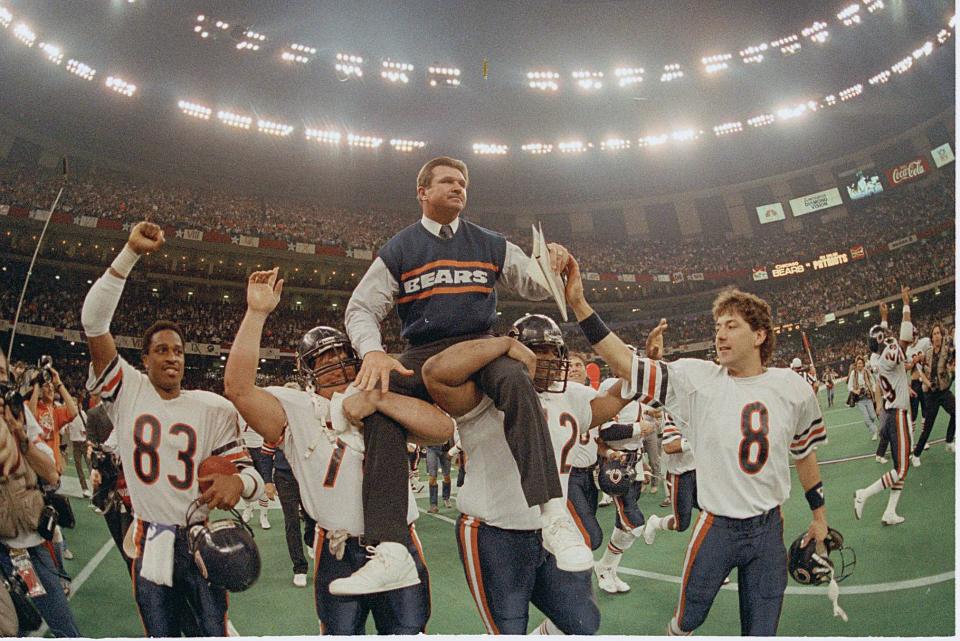 Mike Ditka is carried off the field after the Chicago Bears defeated the New England Patriots in Super Bowl XX.