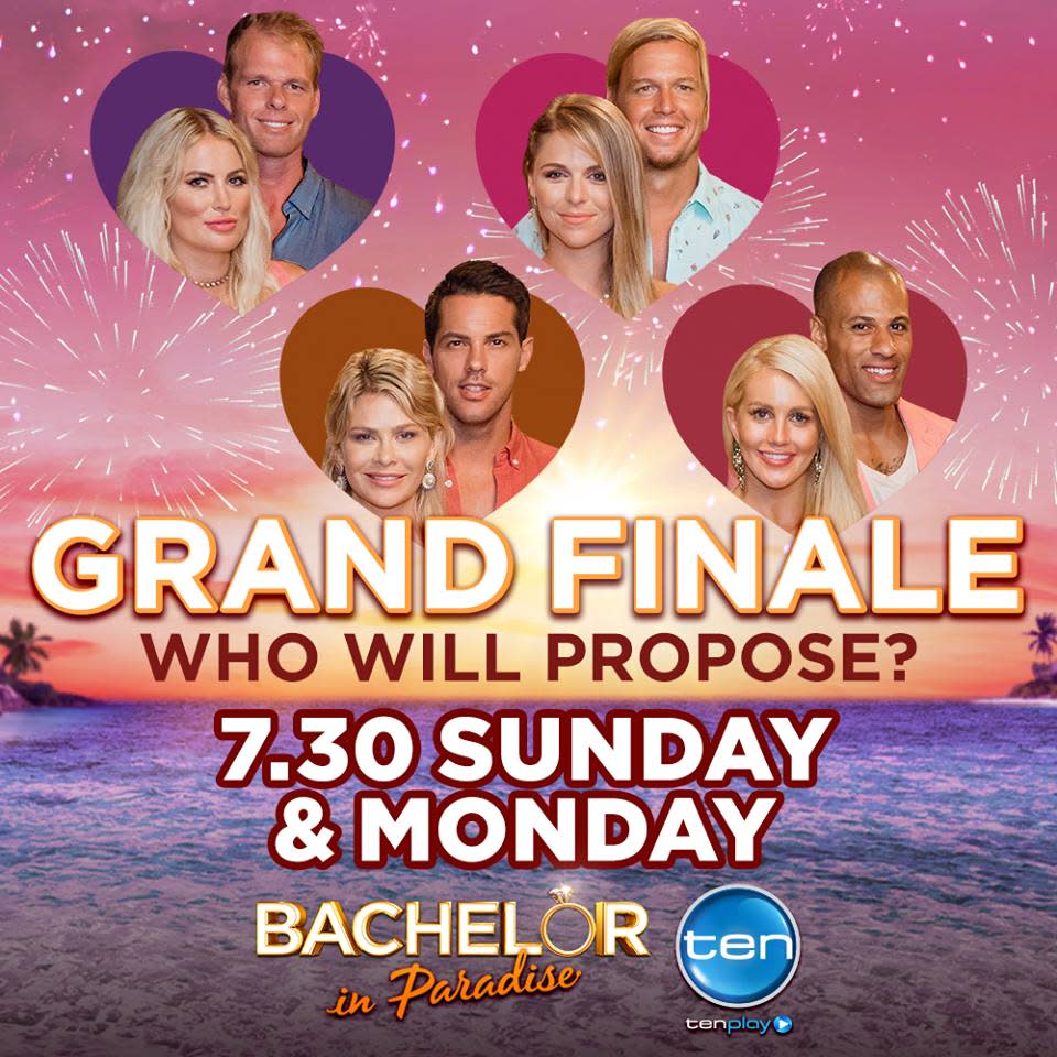 There are four couples left – Keira and Jarrod, Tara and Sam, Megan and Jake, and Ali and Grant. Source: Channel Ten