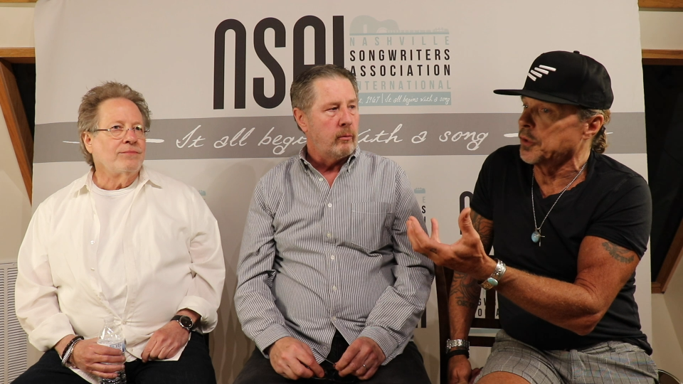 Songwriters Steve Dorff (left) and Jeffrey Steele (right) talk to Bart Herbison (center) about writing 'Who Knows Why'