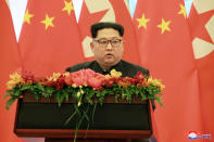 <p>North Korean leader Kim Jong Un speaks in Beijing as he paid an unofficial visit to China, in this undated photo released by North Korea’s Korean Central News Agency (KCNA) in Pyongyang, March 28, 2018. (Photo: KCNA/via Reuters) </p>