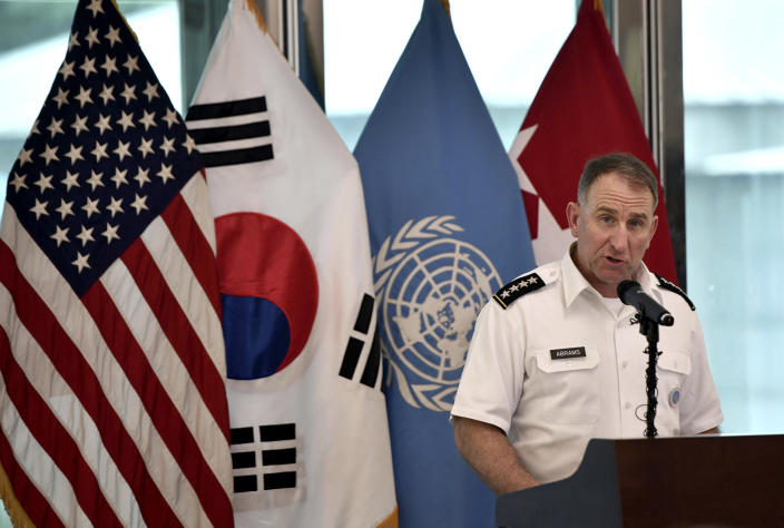 U.S. Gen. Robert Abrams, commander of the United Nations Command, speaks during a commemorative ceremony for the 66th anniversary of the Korean War Armistice Agreement at the truce village of Panmunjom in the Demilitarized Zone (DMZ) dividing the two Koreas Saturday, July 27, 2019. (Jung Yeon-je/Pool via AP)