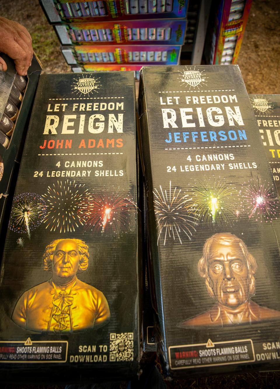John Adams and Thomas Jefferson themed fireworks at Galaxy Fireworks tent on Swindell Rd and County Line Rd . on the Hillsborough County side in Lakeland Fl. Wednesday June 29,  2022.  John Adams and Thomas Jefferson both died within hours of each other on July 4th 1826. For Fireworks safety story.ERNST PETERS/ THE LEDGER