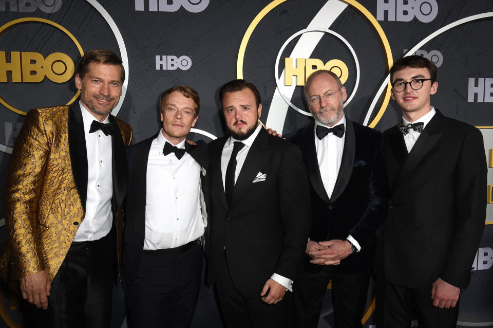 LOS ANGELES, CALIFORNIA - SEPTEMBER 22: (L-R) Nikolaj Coster-Waldau, Alfie Allen, John Bradley, Liam Cunningham and Isaac Hempstead Wright attend HBO's Official 2019 Emmy After Party on September 22, 2019 in Los Angeles, California. (Photo by FilmMagic/FilmMagic for HBO)