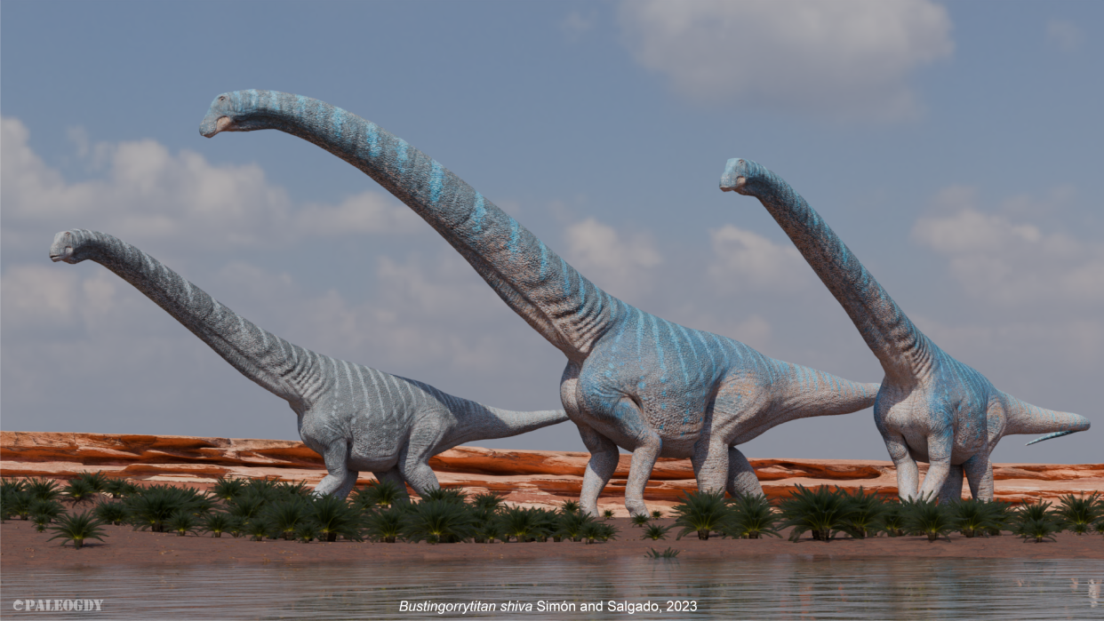  A group of giant long necked dinosaurs walking in a river. 