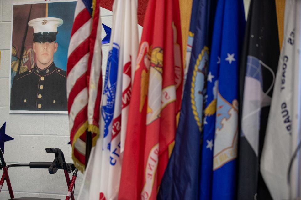 A photo of the late Marine Cpl. Zachary Kolda, for whom Kolda Elementary School is named, hangs on the wall during a celebration of the school's 10th anniversary and Veterans Day on Nov. 7, 2022, in Corpus Christi, Texas.