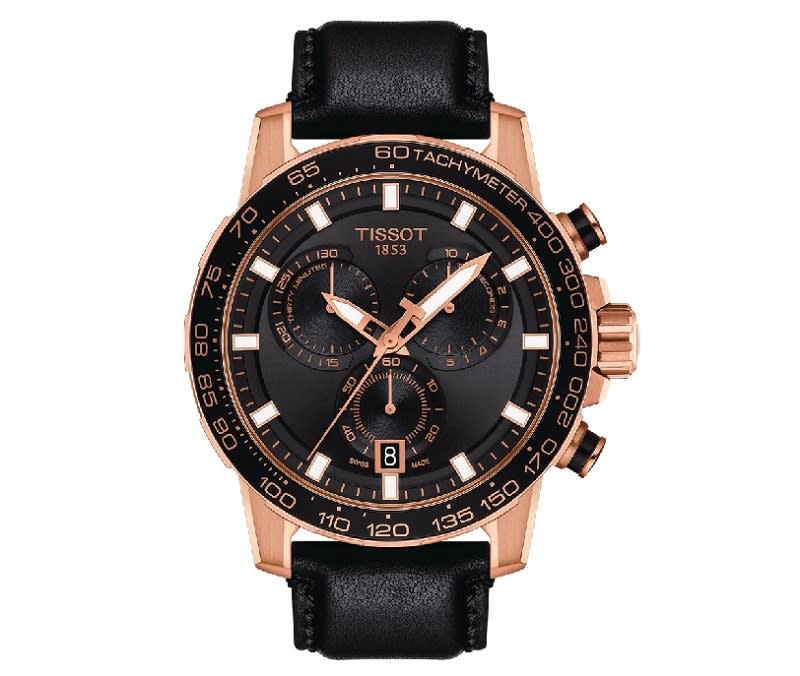 ▲TISSOT SUPERSPORT 競速賽車運動時尚錶T1256173605100，黑與玫瑰金配色極具魅力。（圖片來源：Yahoo購物中心）