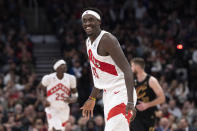 Toronto Raptors' Pascal Siakam reacts after teammate O.G. Anunoby hit a three point shot during their 100-88 win over Cleveland Cavaliers in an NBA basketball game in Toronto, Monday, Nov. 28, 2022. (Chris Young/The Canadian Press via AP)