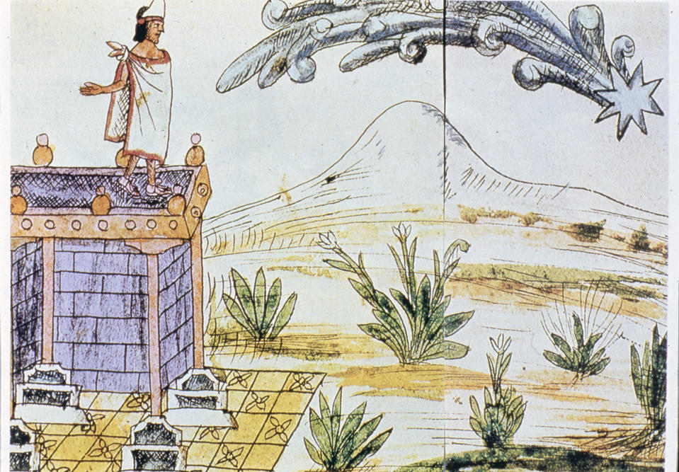 Presagio de la invasión de los conquistadores españoles a Moctezuma II durante el paso de un cometa, ilustración del códice Durán. Foto:  Getty Images