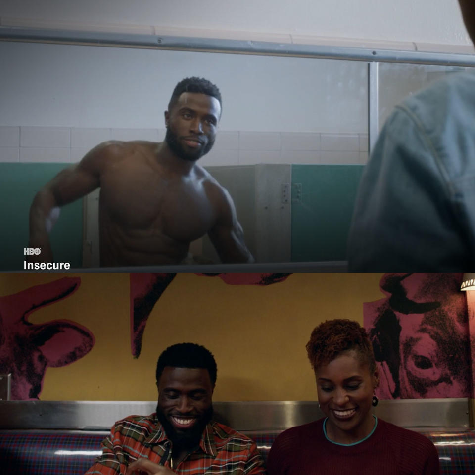 (Top) Y'lan Noel as Daniel appears shirtless in Issa's imagination in "Insecure" (Bottom) Daniel and Issa are all smiles at a late night diner