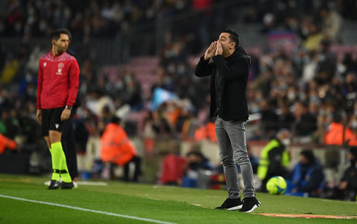 BARCELONA, SPAIN - NOVEMBER 20: Xavi Hernandez, Head Coach of FC Barcelona reacts on the sidelines during the La Liga Santander match between FC Barcelona and RCD Espanyol at Camp Nou on November 20, 2021 in Barcelona, Spain. (Photo by David Ramos/Getty Images)
