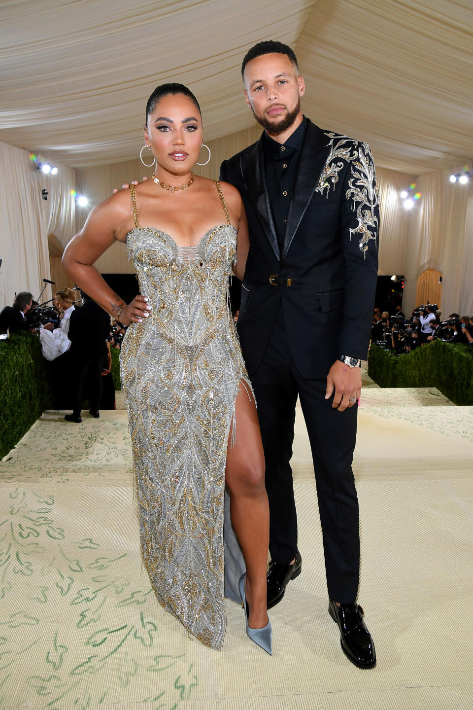 Stephen Curry and Ayesha Curry pose at the Met Gala on September 13, 2021