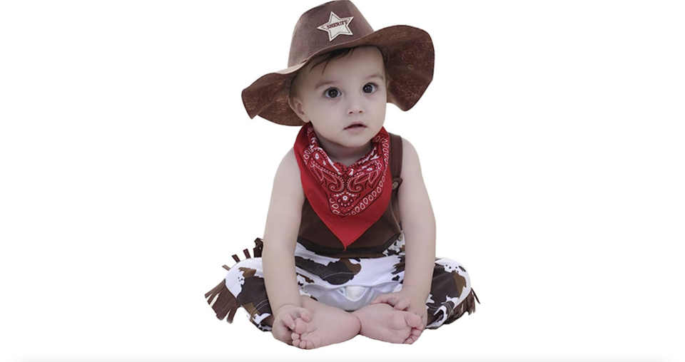 <p><a href="https://www.amazon.com/LMYOVE-Toddler-Cowboy-Costume-cowboy-1/dp/B08SBKBMLV/ref=sr_1_4?crid=18EG25Y5CVZR7&keywords=infant%2Bcowboy%2Bcostume&qid=1686672731&s=toys-and-games&sprefix=infant%2Bcowboy%2Bcostume%2Ctoys-and-games%2C86&sr=1-4&th=1&psc=1&tag=syn-yahoo-20&ascsubtag=%5Bartid%7C2164.g.37037509%5Bsrc%7Cyahoo-us" rel="nofollow noopener" target="_blank" data-ylk="slk:Shop Now;elm:context_link;itc:0;sec:content-canvas" class="link ">Shop Now</a></p><p>Little Cowboy Costume</p><p>amazon.com</p><p>$22.99</p><span class="copyright">Amazon</span>