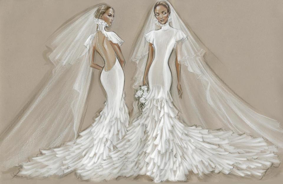Ralph Lauren為JLo專屬訂製的婚紗，每套都有禮服的手稿。（Ralph Lauren提供）