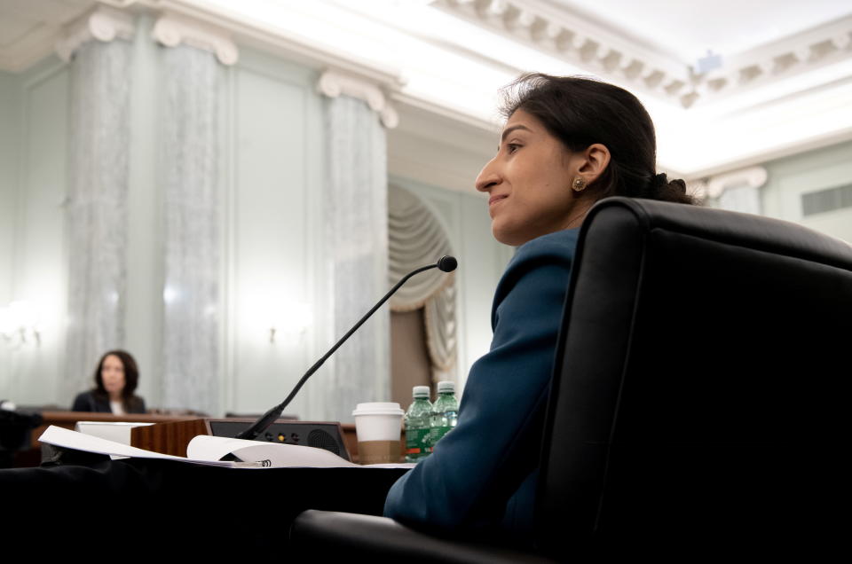 Lina Khan, nominee for Commissioner of the Federal Trade Commission (FTC), testifies during a Senate Committee on Commerce, Science, and Transportation confirmation hearing on Capitol Hill in Washington, DC, U.S. April 21, 2021.  Saul Loeb/Pool via REUTERS