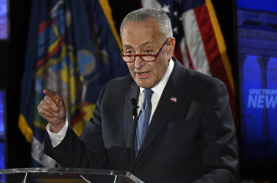 Senate Majority Leader Chuck Schumer, D-N.Y., participates in a debate against Republican challenger Joseph Pinion, hosted by Spectrum News 1, Sunday, Oct. 30, 2022, at Union College in Schenectady, N.Y. (AP Photo/Hans Pennink, Pool)