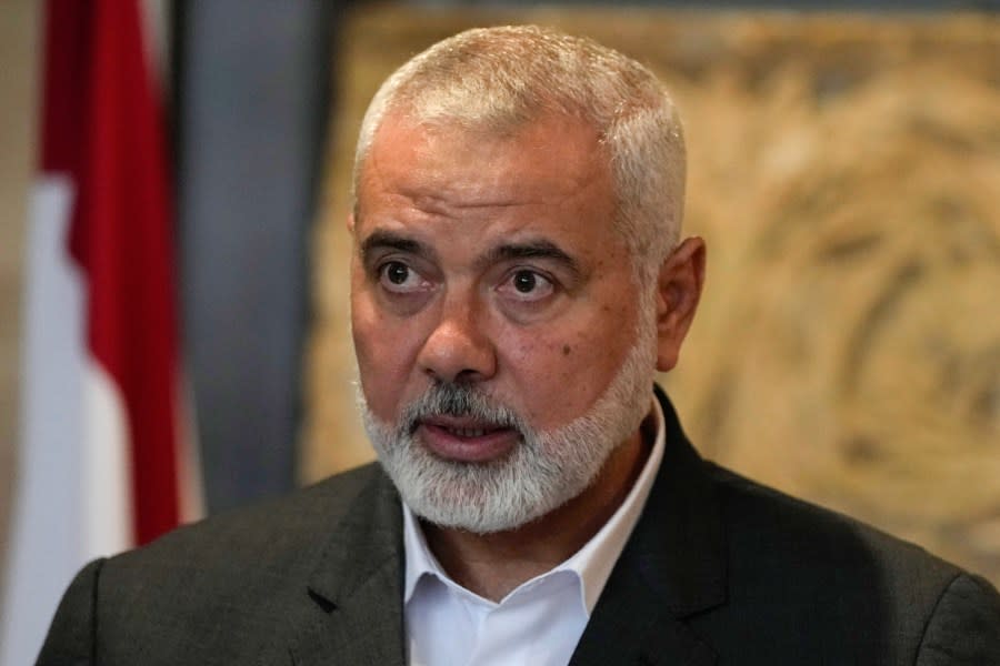 FILE – Ismail Haniyeh, leader of the Palestinian militant group Hamas, speaks to journalists after his meeting with Lebanese Parliament Speaker Nabih Berri, in Beirut, Lebanon, June 28, 2021. (AP Photo/Hassan Ammar, File)