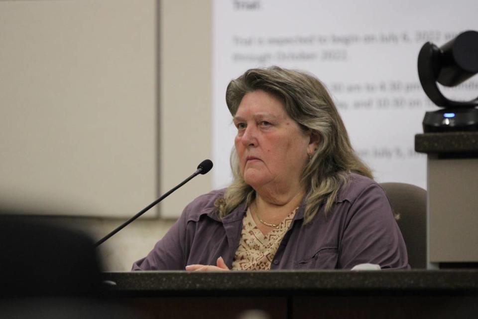 Adela Morris, a cadaver dog handler, testifies in the Kristin Smart murder trial inside Monterey County Superior Court in Salinas on Aug. 16, 2022.
