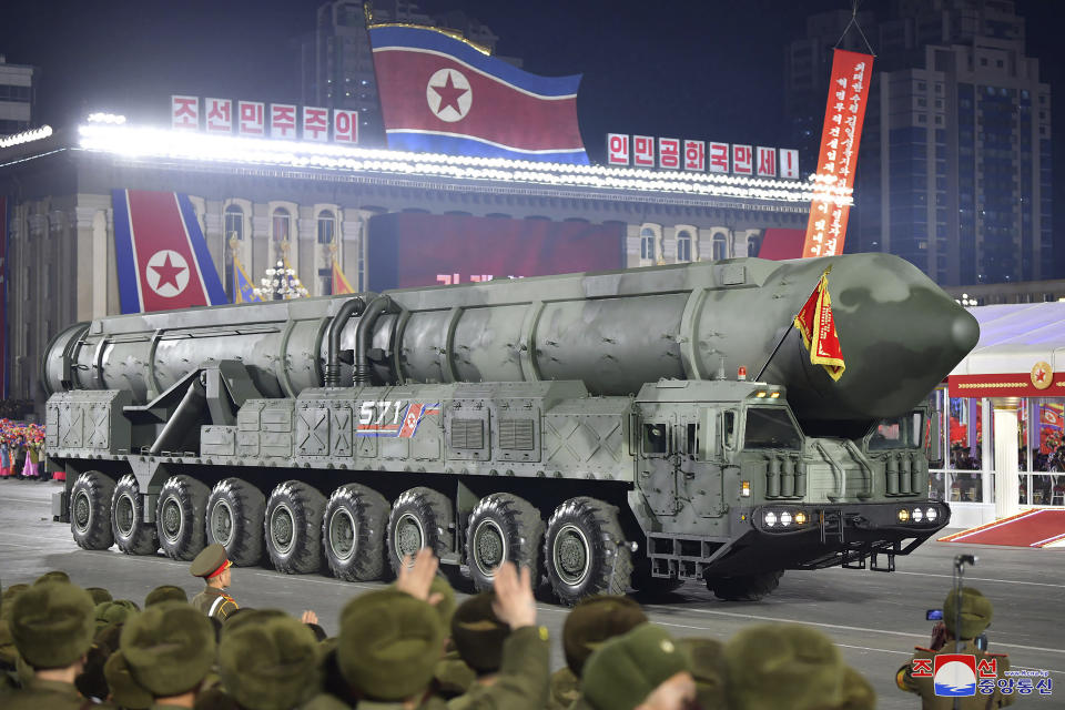 This photo provided by the North Korean government, shows what it says an intercontinental ballistic missile during a military parade to mark the 75th founding anniversary of the Korean People’s Army on Kim Il Sung Square in Pyongyang, North Korea Wednesday, Feb. 8, 2023. Independent journalists were not given access to cover the event depicted in this image distributed by the North Korean government. The content of this image is as provided and cannot be independently verified. Korean language watermark on image as provided by source reads: "KCNA" which is the abbreviation for Korean Central News Agency. (Korean Central News Agency/Korea News Service via AP)