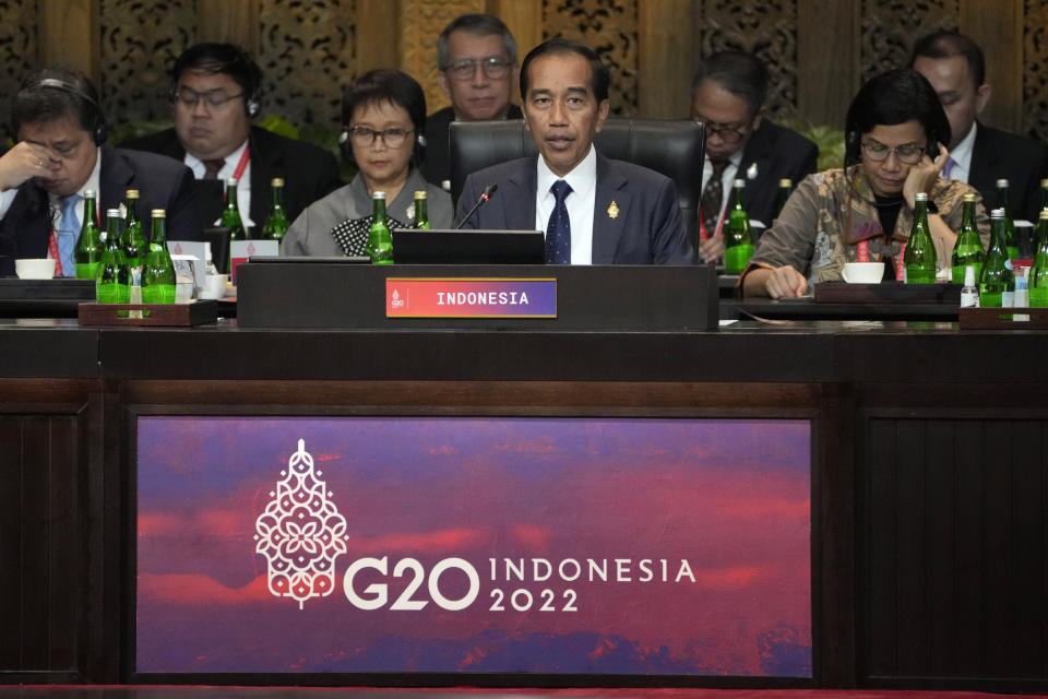 FILE - Indonesia President Joko Widodo speaks during the G20 leaders summit in Nusa Dua, Bali, Indonesia, on Nov. 15, 2022. Widodo's phenomenal rise from a riverside slum, where he grew up, to the presidency of Indonesia spotlighted how far the world's third-largest democracy had veered from a brutal authoritarian era a decade ago. With his second and final five-year term ending in October, Widodo, regarded by some as Asia's Barack Obama, is leaving a legacy of impressive economic growth and an ambitious array of infrastructure projects including a $33 billion plan to relocate Indonesia's congested capital to the frontier island of Borneo. (AP Photo/Dita Alangkara, File)