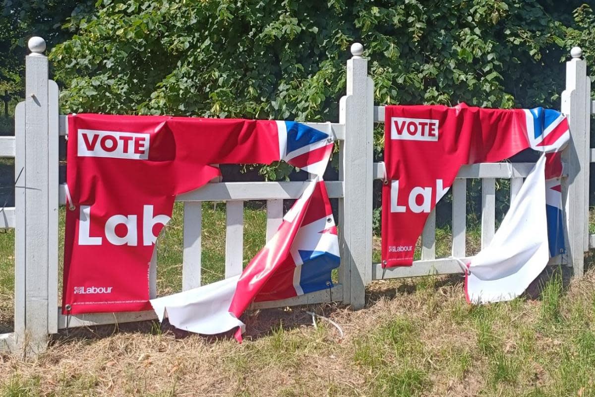 Labour signs in Lymington have been torn apart in a 'mindless act' of vandalism <i>(Image: Labour)</i>