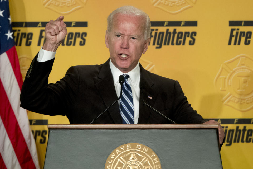 FILE - In this March 12, 2019 photo, former Vice President Joe Biden speaks to the International Association of Firefighters at the Hyatt Regency on Capitol Hill in Washington. As the former vice president inches closer toward a third White House run, several moments in his long career loom as immediate political liabilities should he decide to join a Democratic primary already stocked with more than a dozen candidates. From his vote for the Iraq war to his key role in passing a bill that made bankruptcy harder to declare for debt-ridden Americans, Biden would have multiple fronts on which to reconcile his past with the future of a party that’s moved leftward even since he left former President Barack Obama’s administration. (AP Photo/Andrew Harnik)