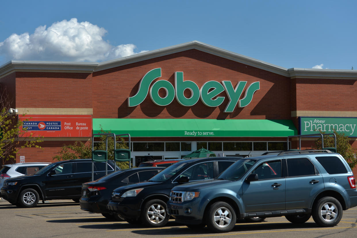 A general view of a Sobeys logo and store in South Edmonton. 
On Wednesday, 24 August 2021, in Edmonton, Alberta, Canada. (Photo by Artur Widak/NurPhoto via Getty Images)